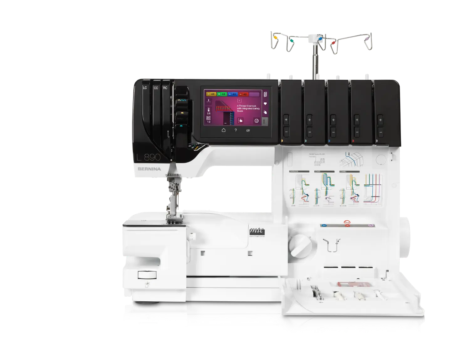 Bernina L 890 – Surjeteuse & Recouvreuse – vue de face – bras libre – couvercle ouvert | Bernina Addict