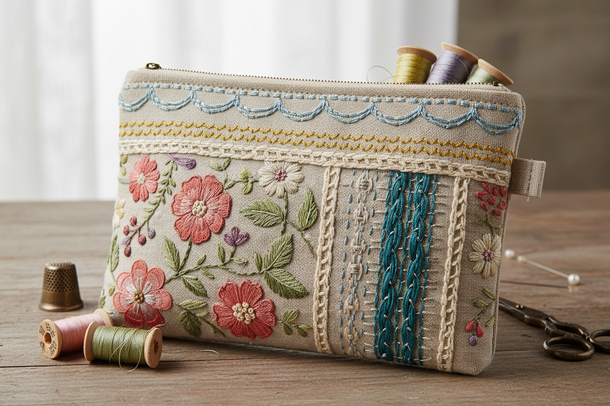 Trousse de couture réalisée avec les points décoratifs de la BERNINA 480