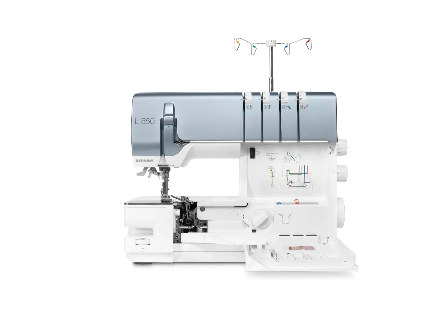 Bernina L 850 – Surjeteuse & Recouvreuse – vue de face – couvercle ouvert | Bernina Addict