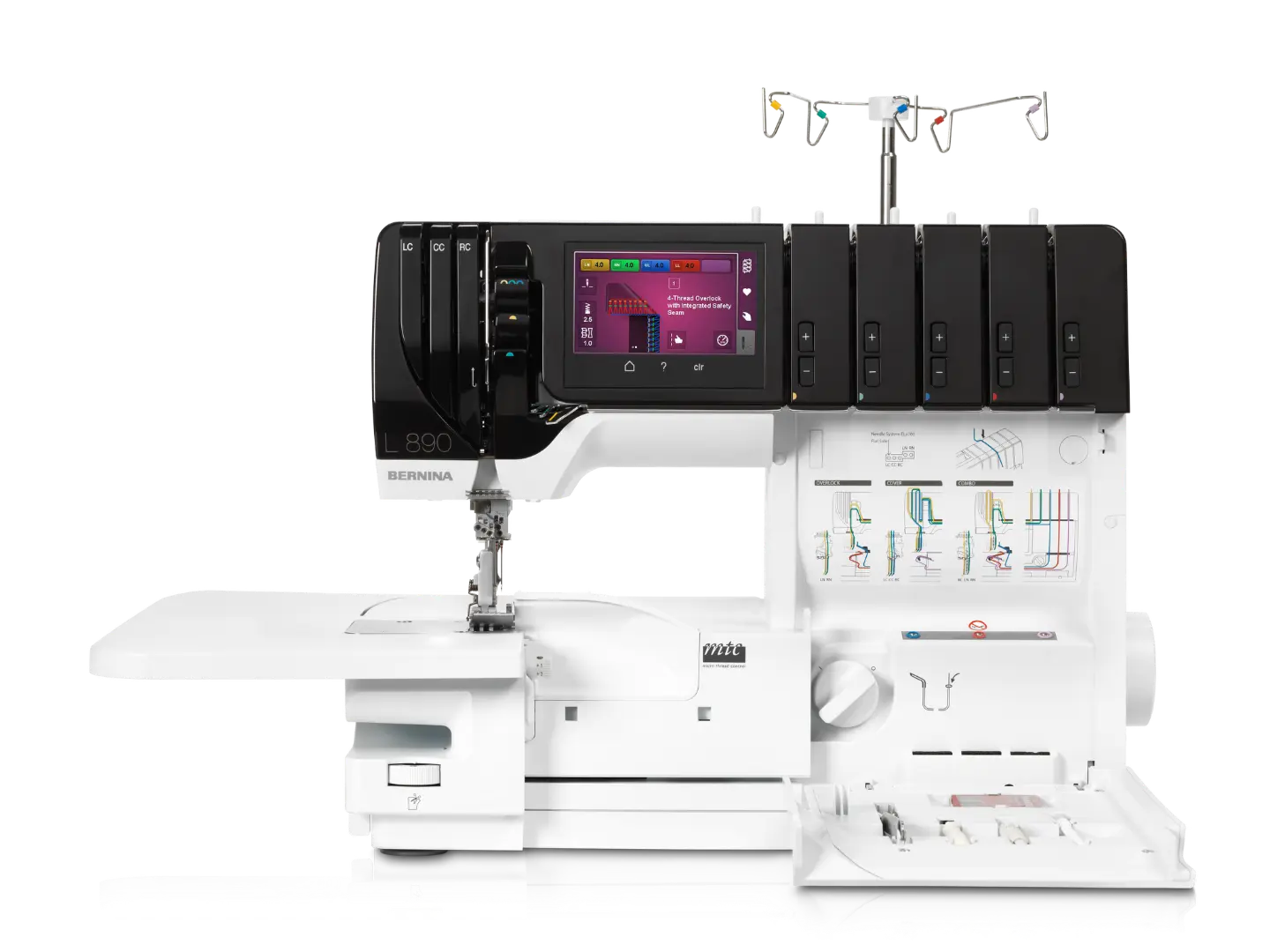 Bernina L 890 – Surjeteuse & Recouvreuse – vue de face – avec table rallonge – couvercle ouvert | Bernina Addict