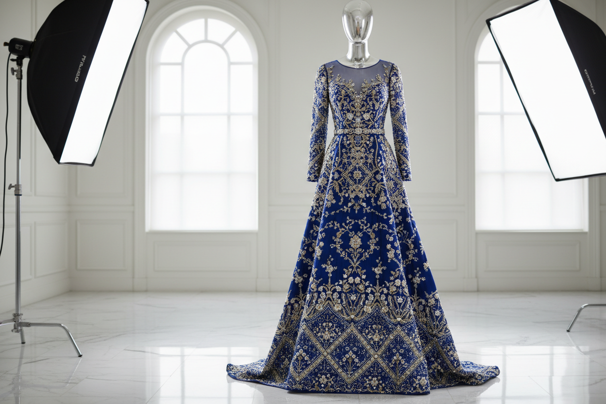 Robe de soirée brodée réalisée avec la BERNINA 590 – couture haute couture